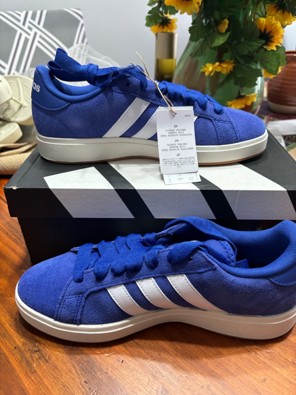 Adidas Blue Suede Court-Style Sneakers with White Stripes NIB
